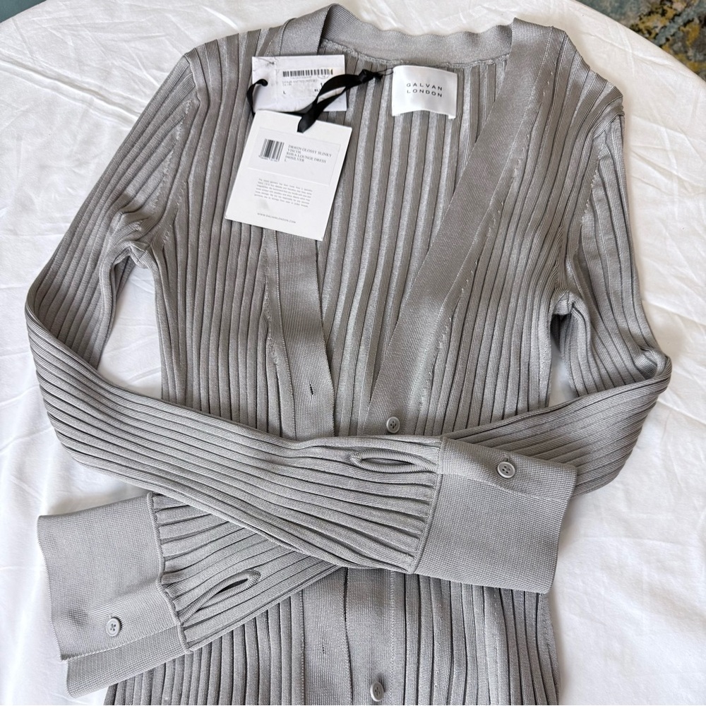 NWT Galvan London Rhea Lounge Dress/Duster Silver Ribbed Knit Metallic L